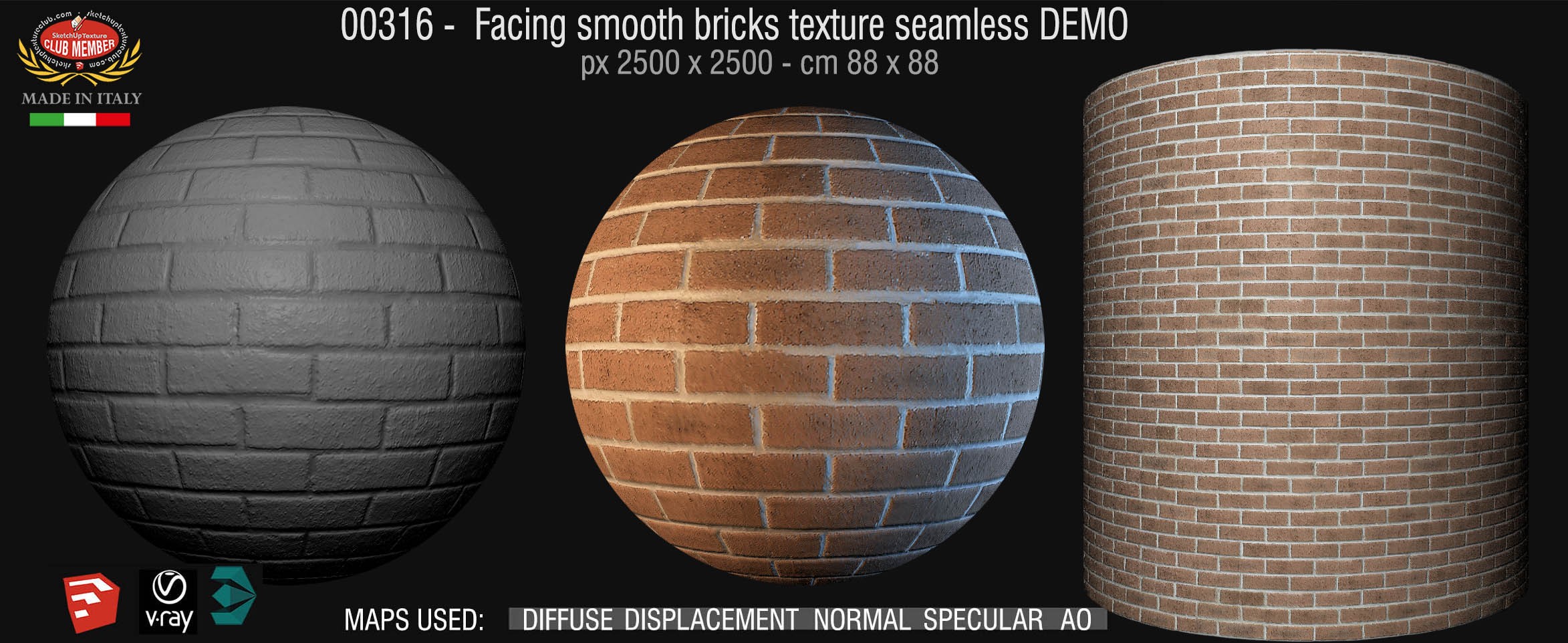 00316 Facing smooth bricks texture seamless + maps DEMO