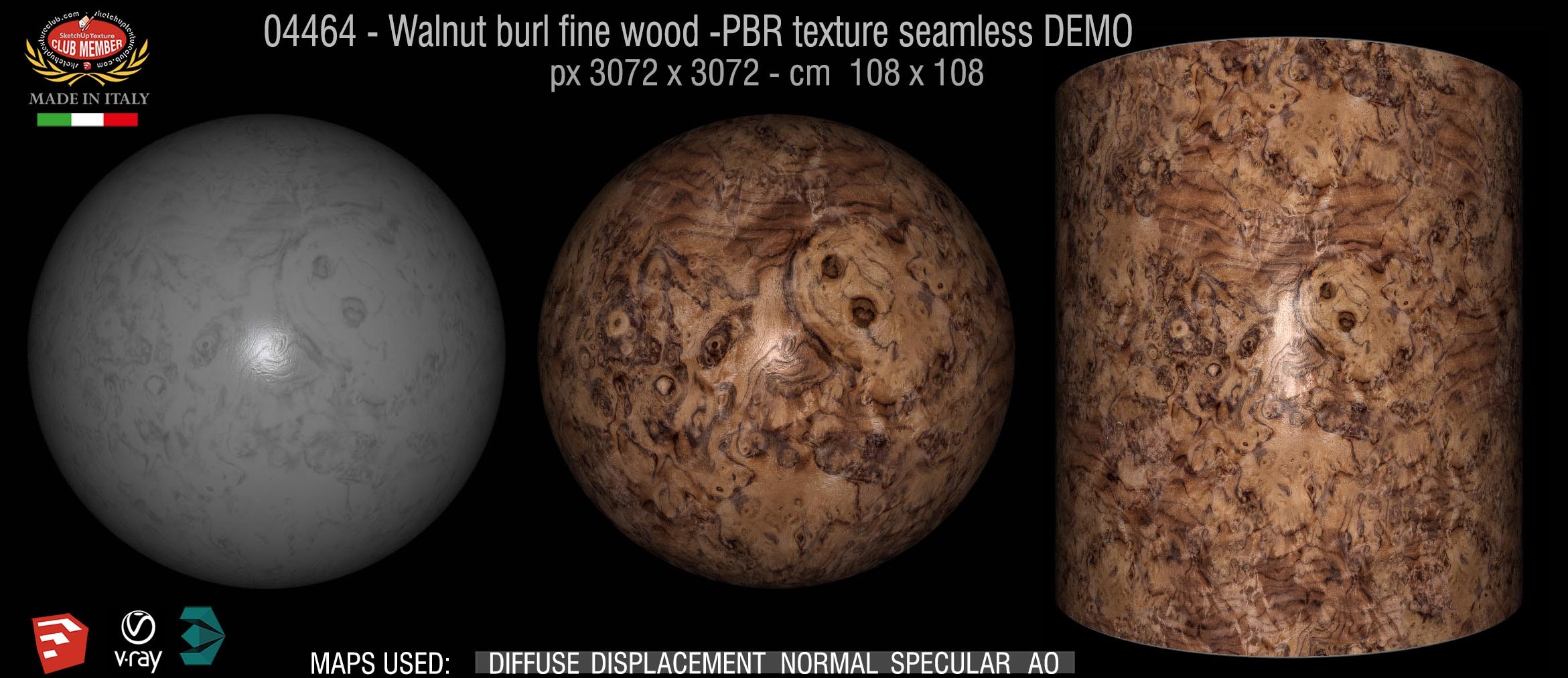 04464 Walnut burl fine wood -PBR texture seamless DEMO