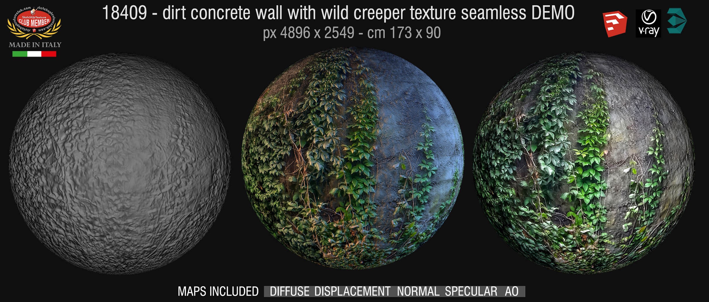 19272 Dirt concrete plates wall with wild creeper texture horizontal seamless + maps DEMO
