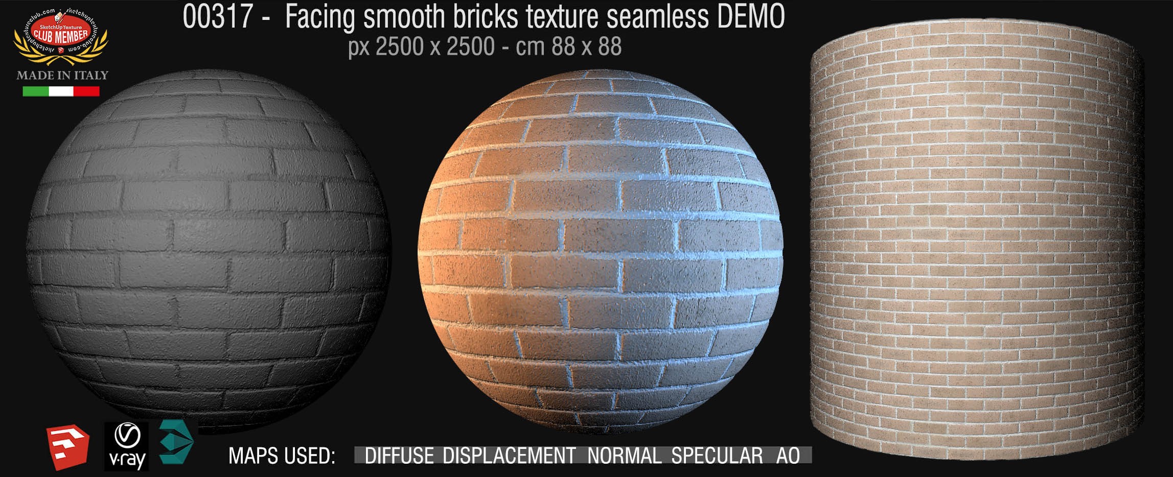 00317 Facing smooth bricks texture seamless + maps DEMO