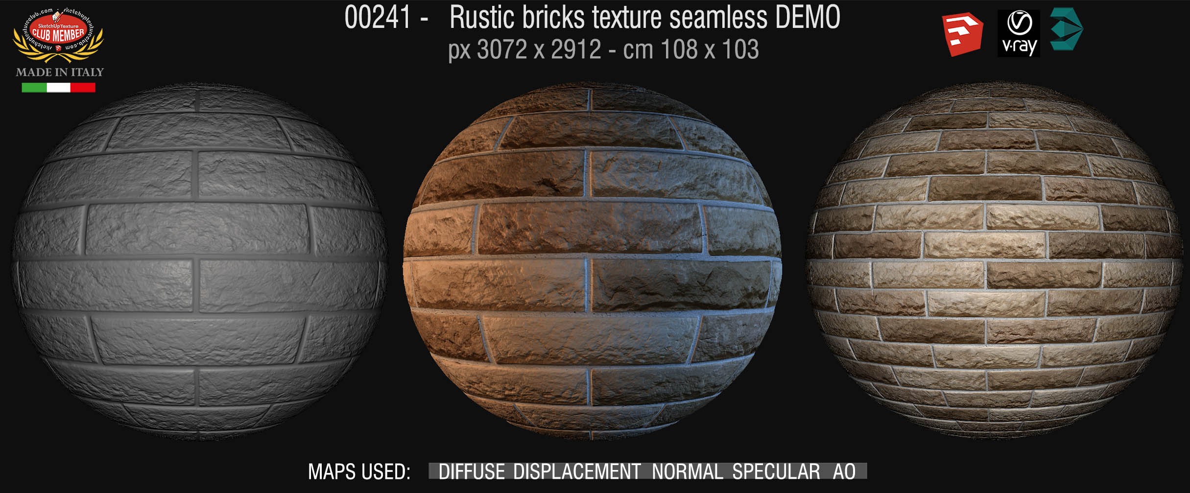 00241 Rustic bricks texture seamless + maps DEMO