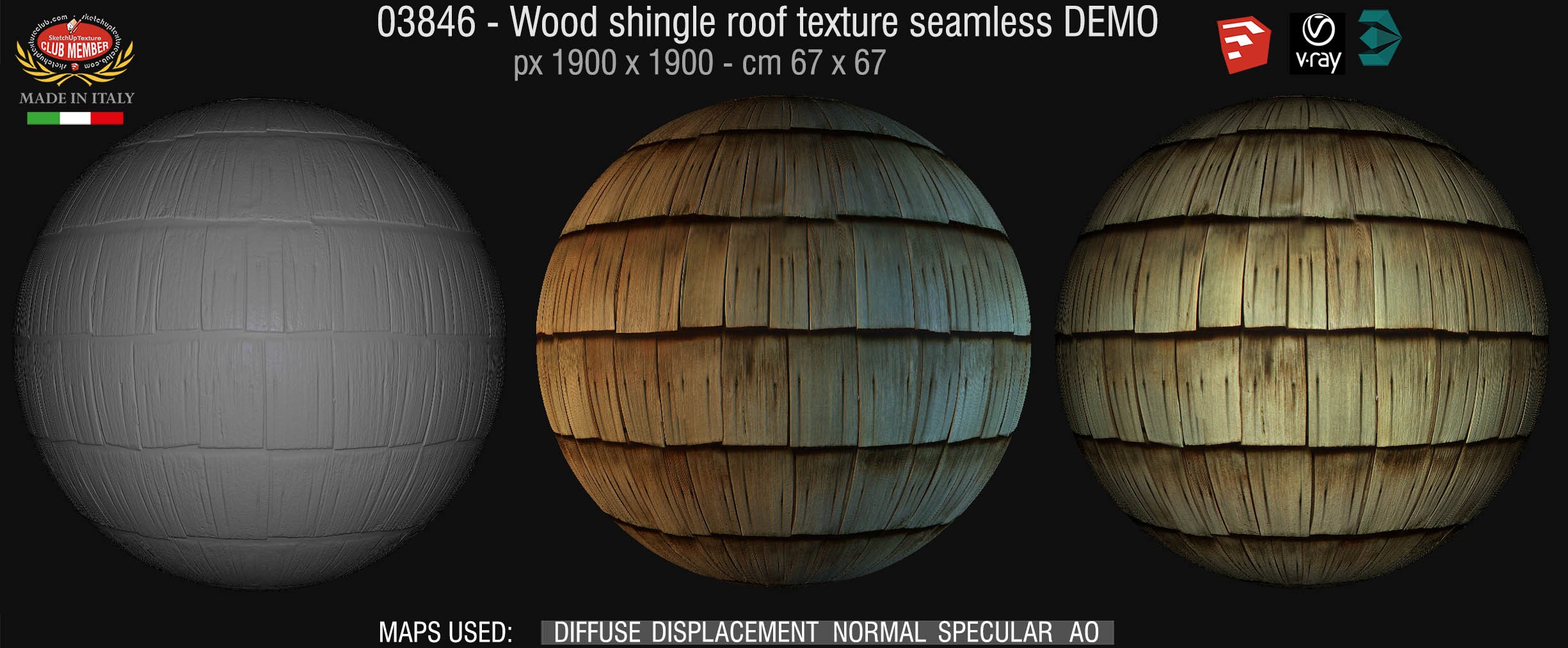 03846 Wood shingle roof texture seamless + maps DEMO