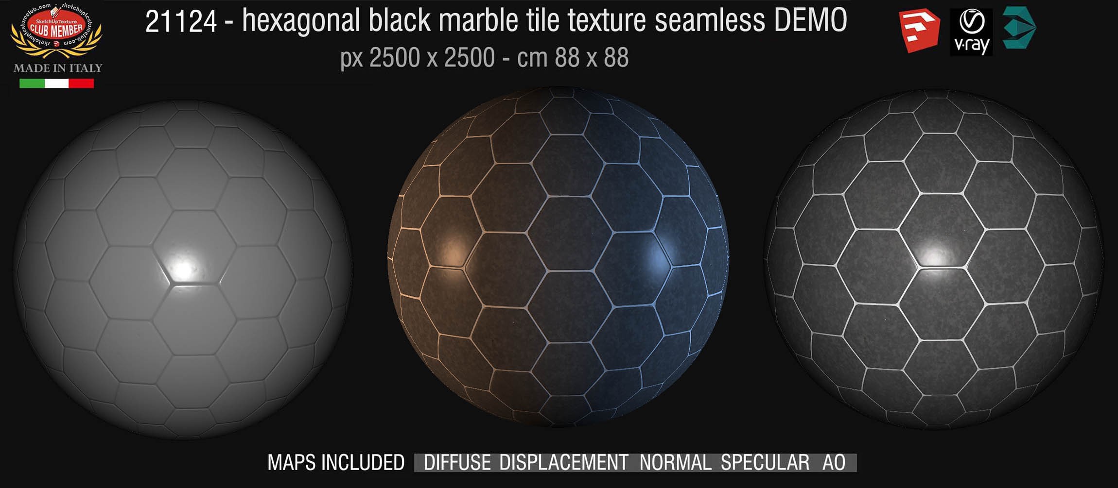 21124 Hexagonal black marble tile texture seamless + maps DEMO