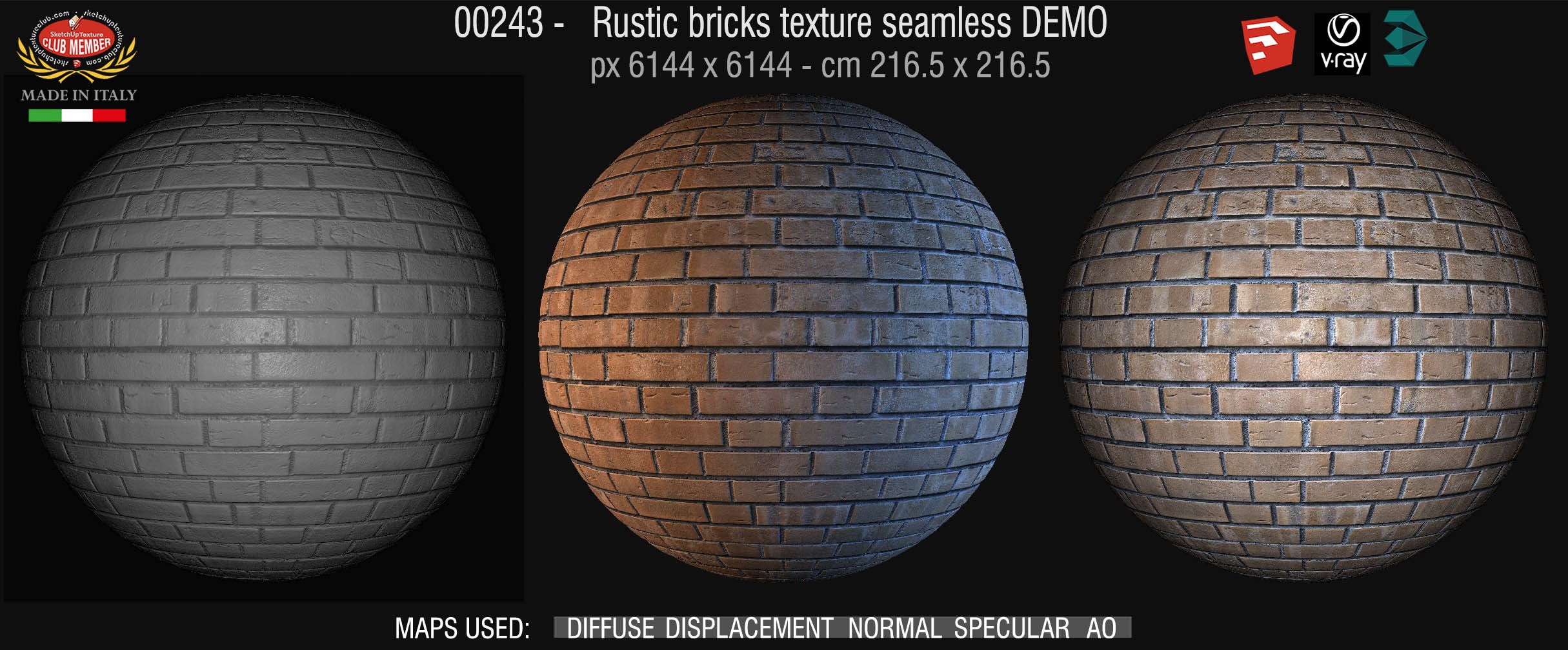 00243 Rustic bricks texture seamless + maps DEMO