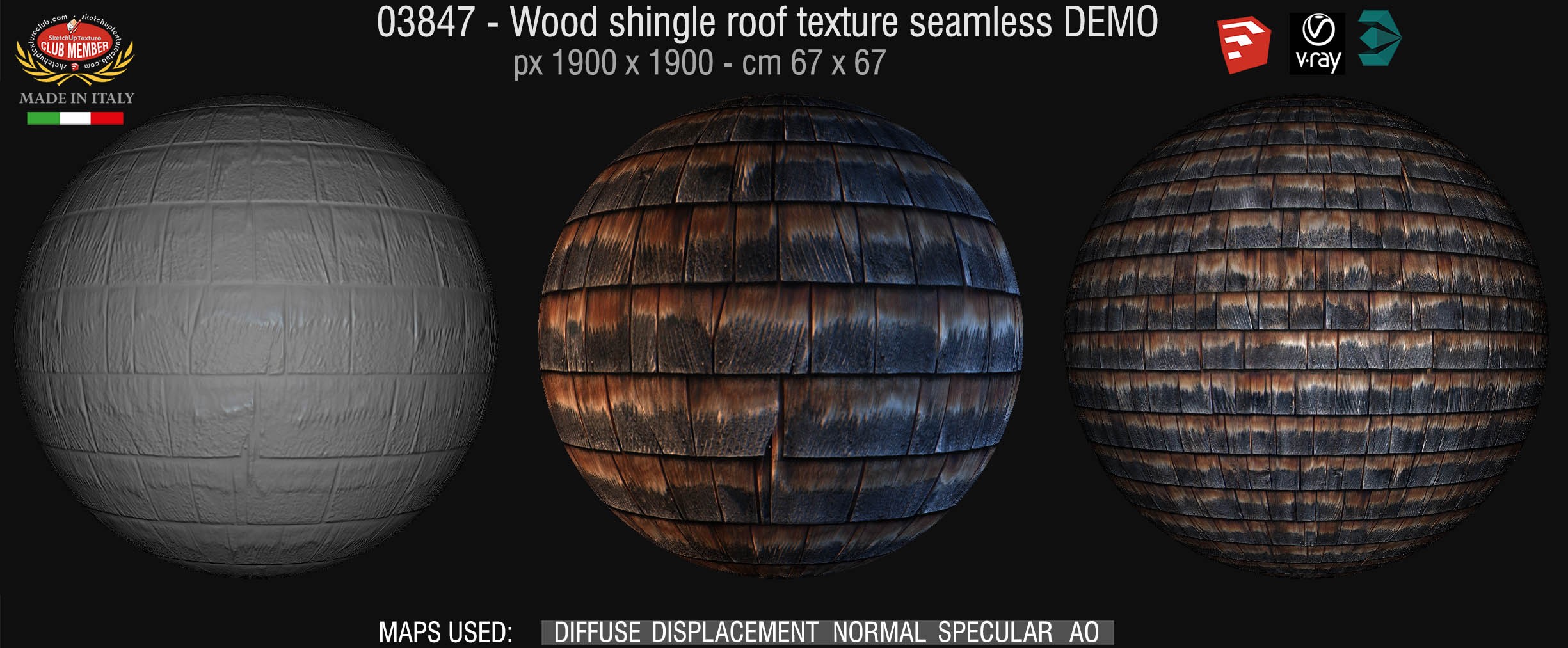 03847 Wood shingle roof texture seamless + maps DEMO