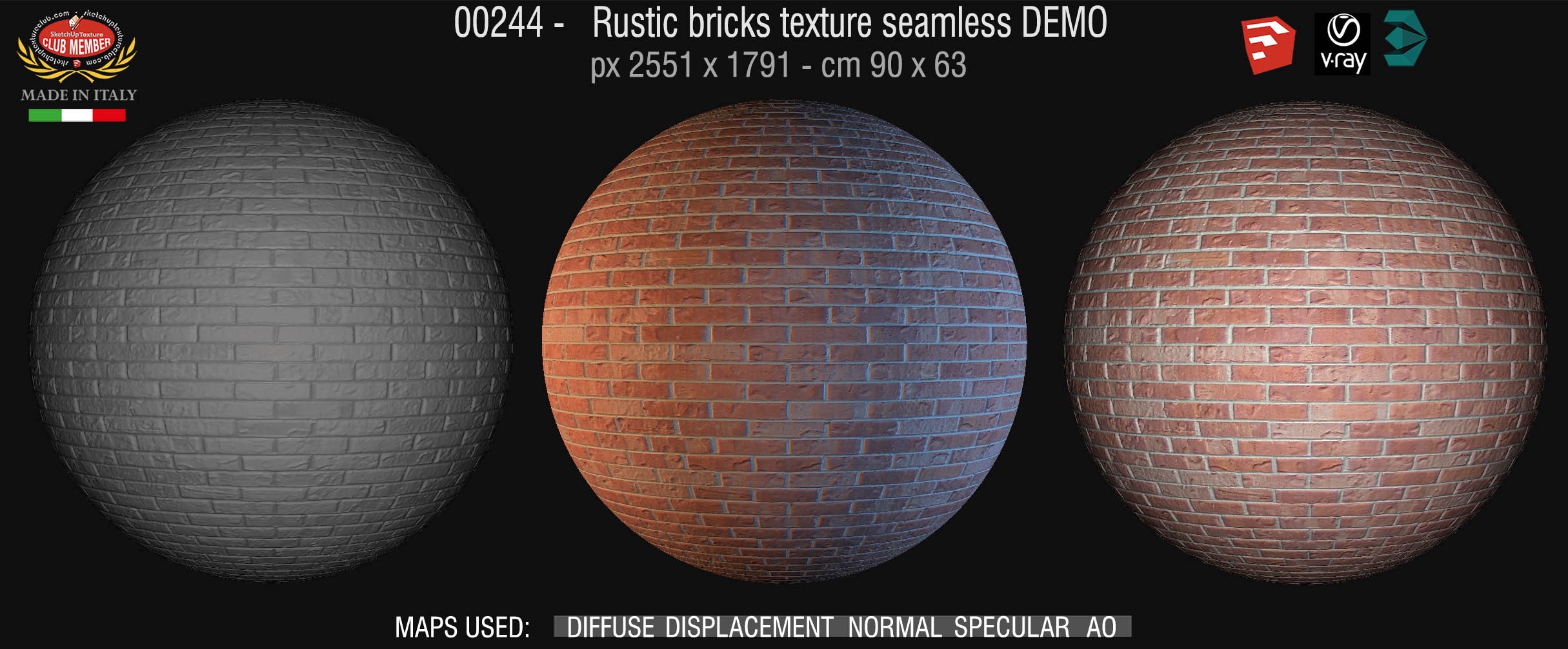 00244 Rustic bricks texture seamless + maps DEMO