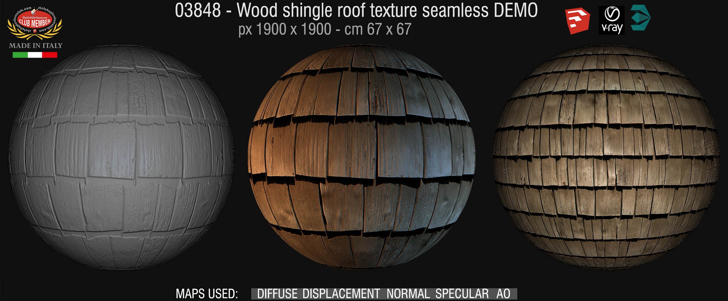 03848 Wood shingle roof texture seamless + maps DEMO