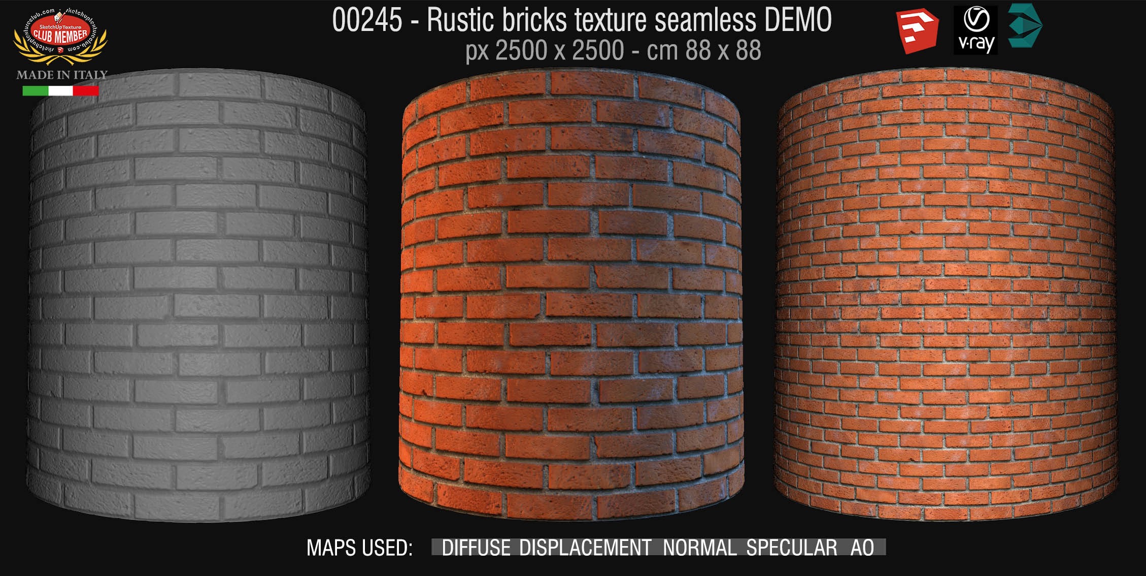 00245 Rustic bricks texture seamless + maps DEMO