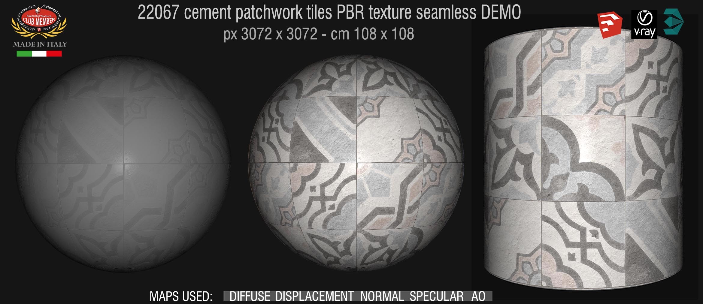 22067 Cement patchwork tiles PBR texture seamless DEMO