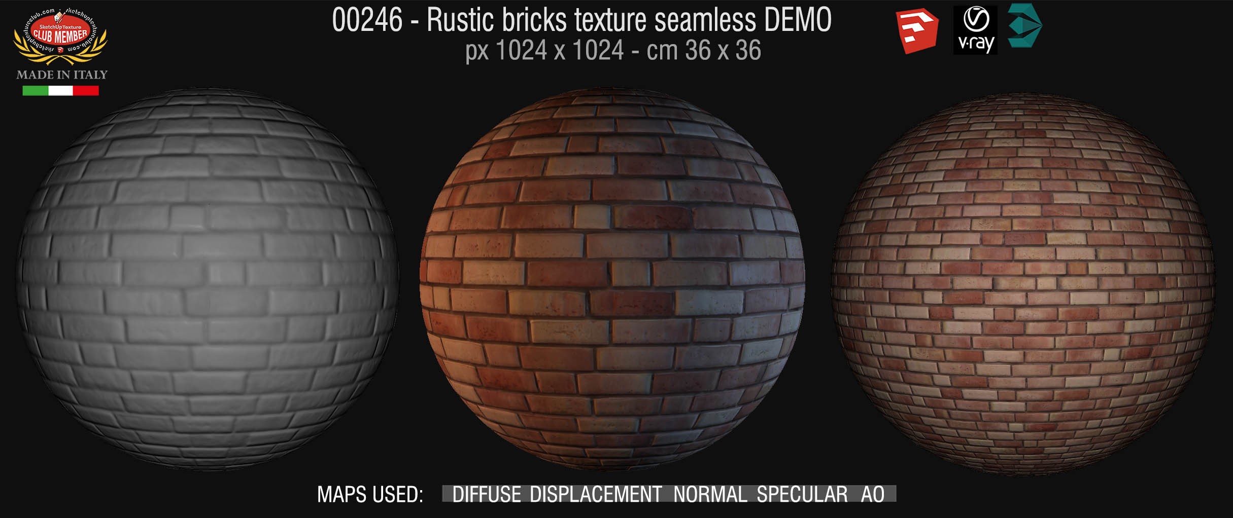 00246 Rustic bricks texture seamless + maps DEMO