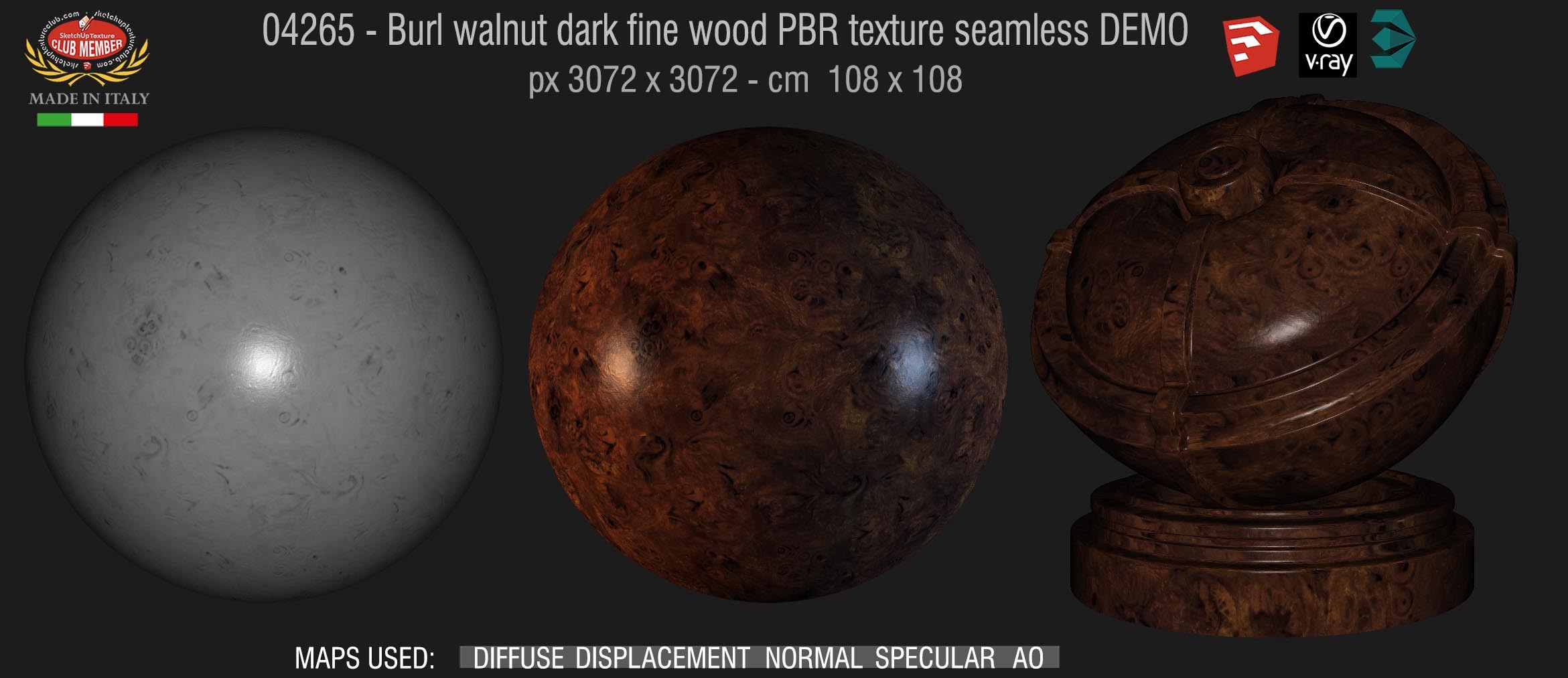 04265 Burl walnut dark fine wood PBR texture seamless DEMO