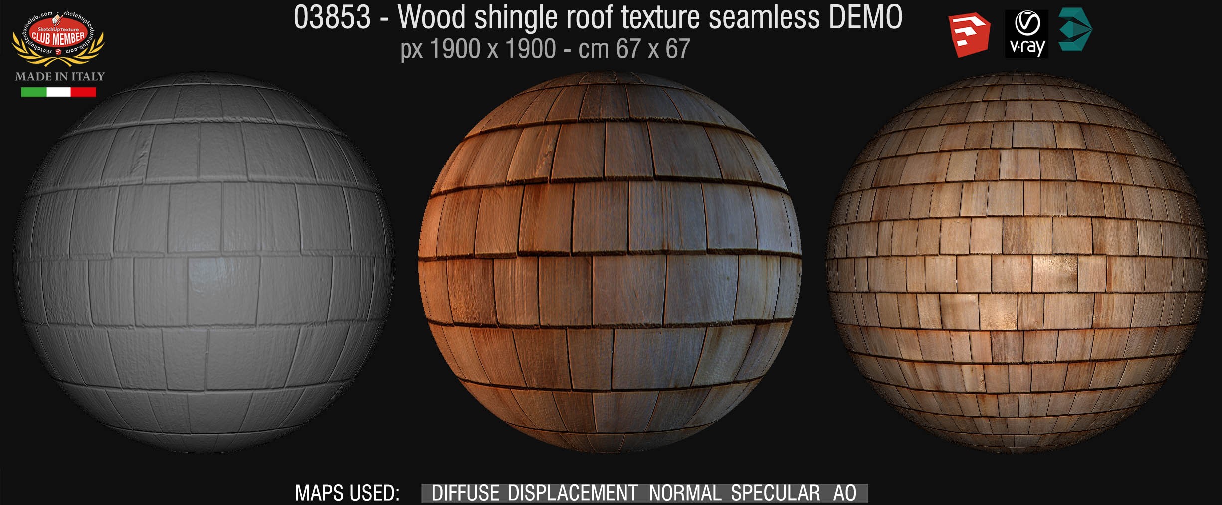 03853 Wood shingle roof texture seamless + maps DEMO