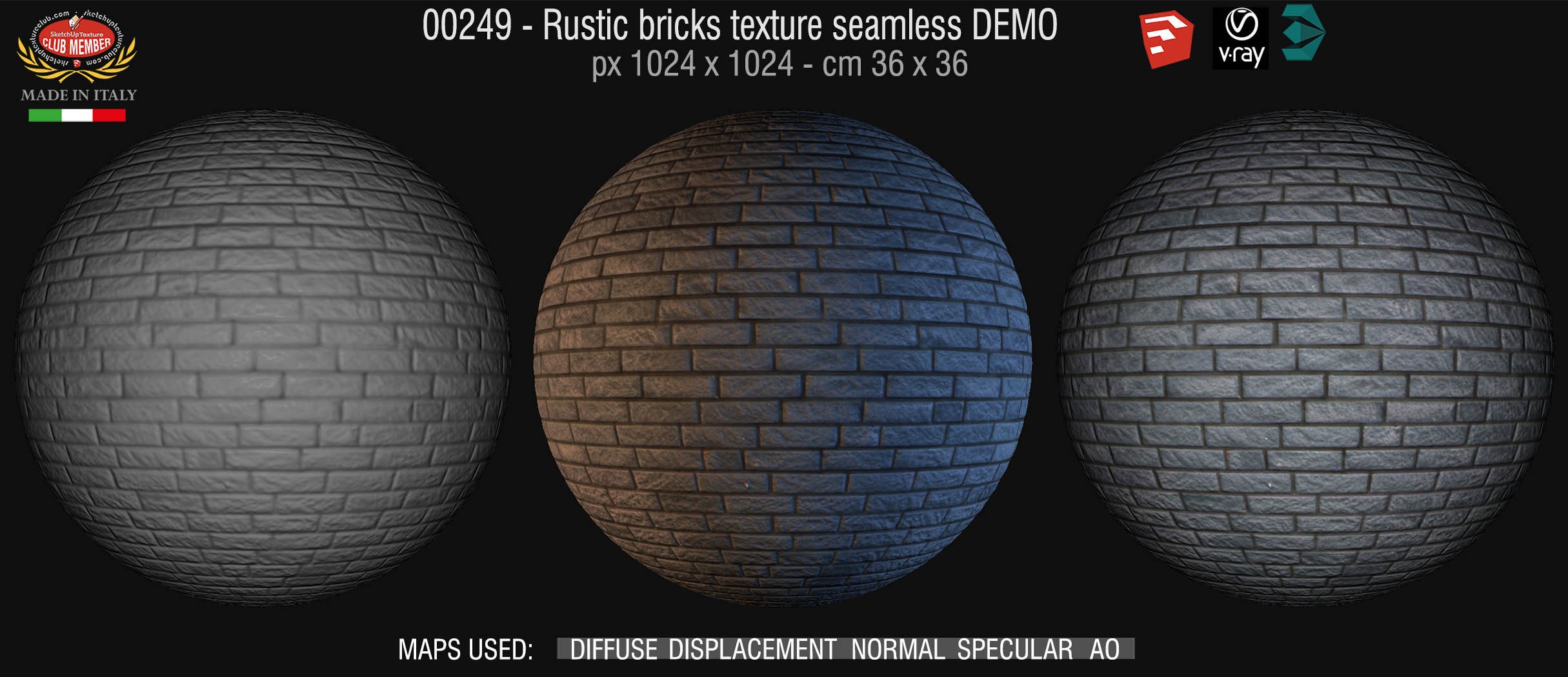 00249 Rustic bricks texture seamless + maps DEMO