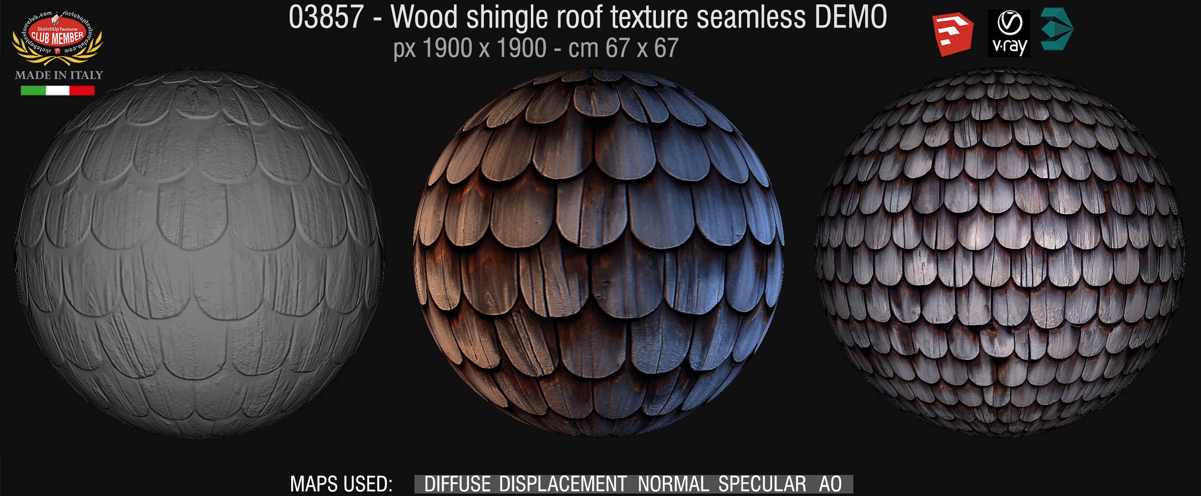 03857 Wood shingle roof texture seamless + maps DEMO