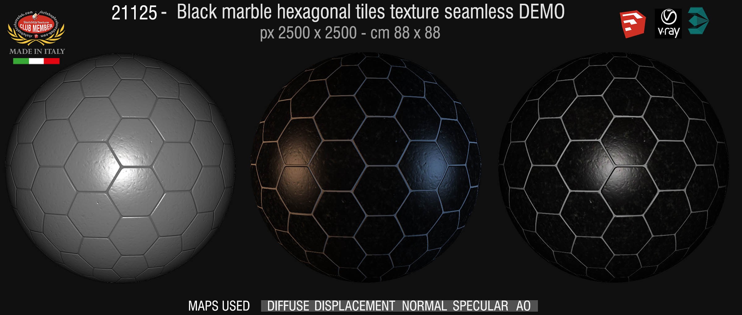 21125 Hexagonal black marble tile texture seamless + maps DEMO