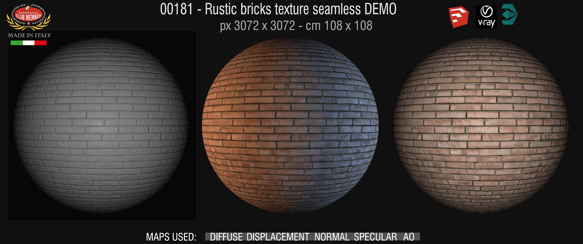 00181 Rustic bricks texture seamless + maps DEMO