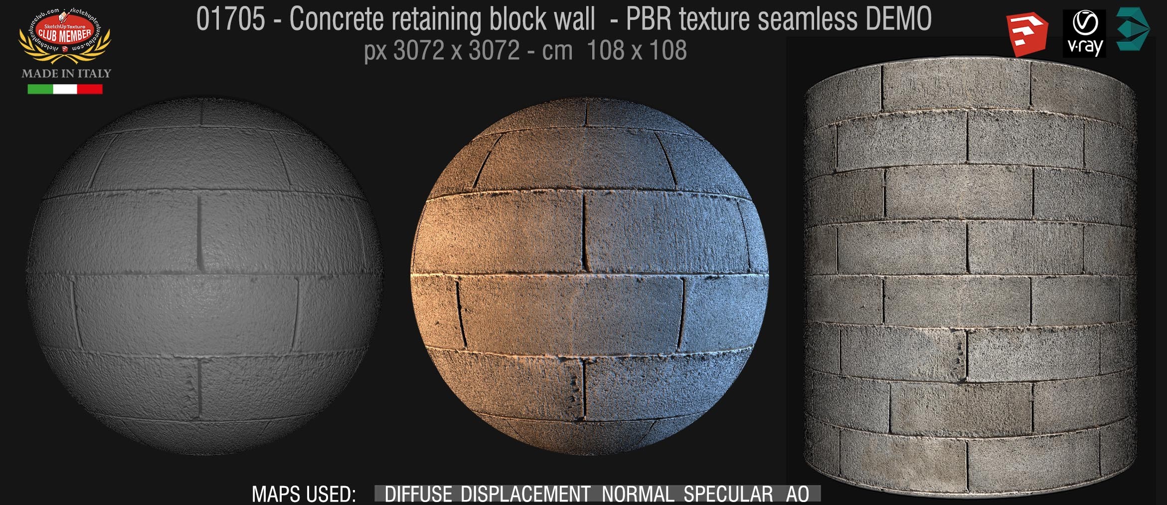 01705 Concrete retaining block wall PBR texture seamless DEMO