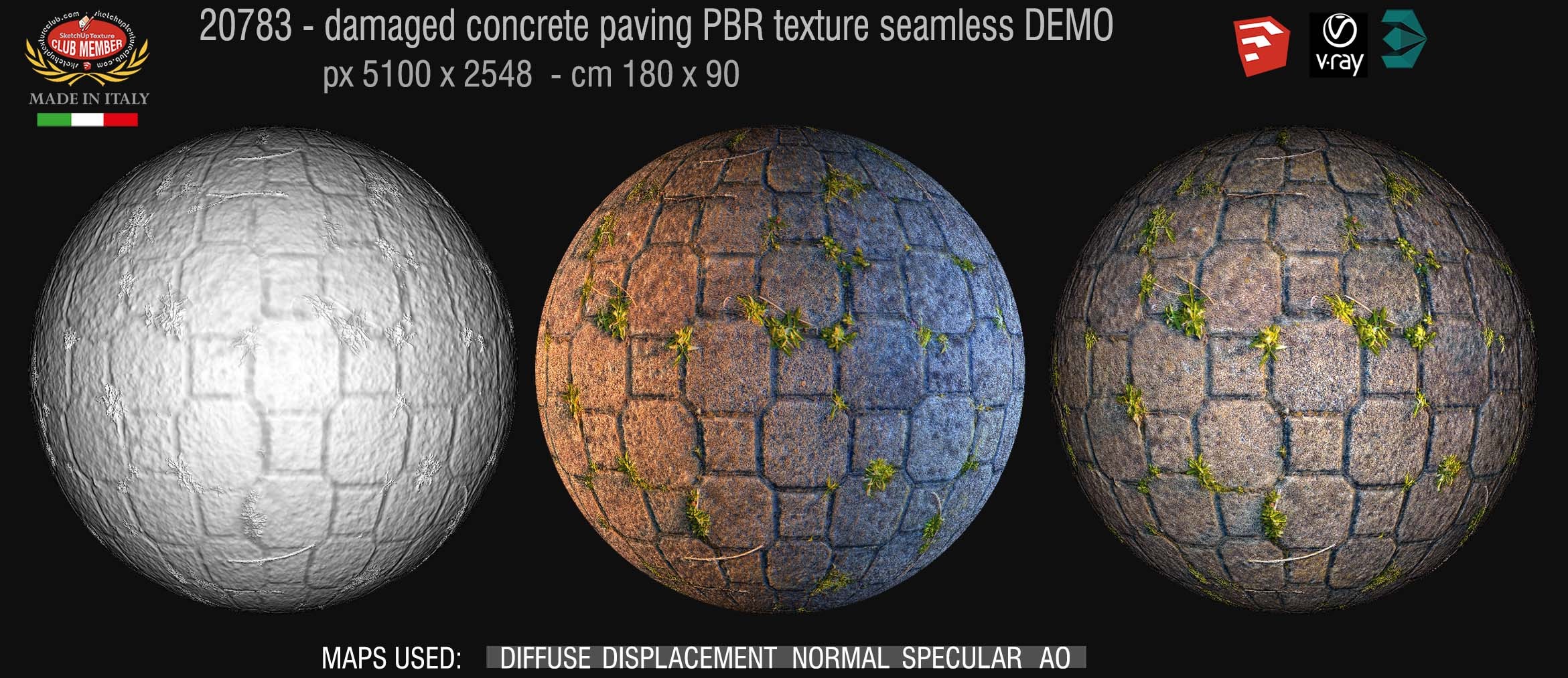 20783 Damaged concrete outdoor paving with grass texture seamless & maps DEMO