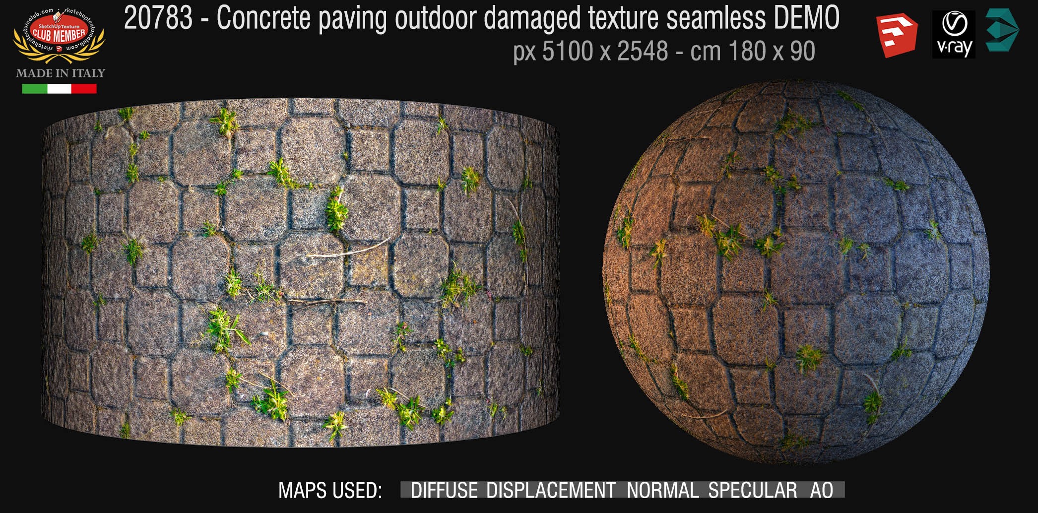 20783 Damaged concrete outdoor paving with grass texture seamless & maps DEMO