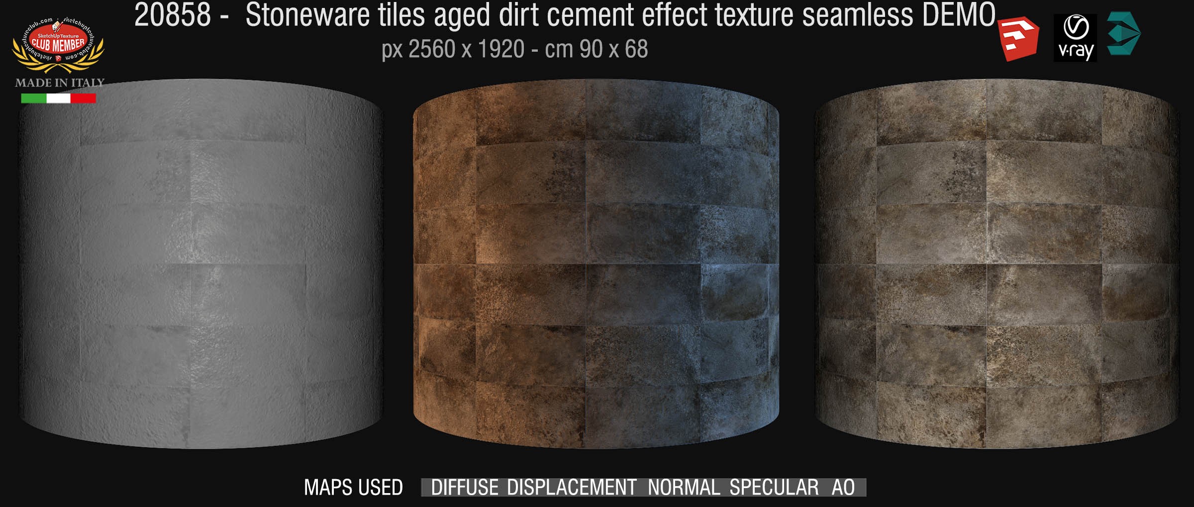 20858 HR Stoneware tiles aged dirt cement effect texture seamless + maps DEMO