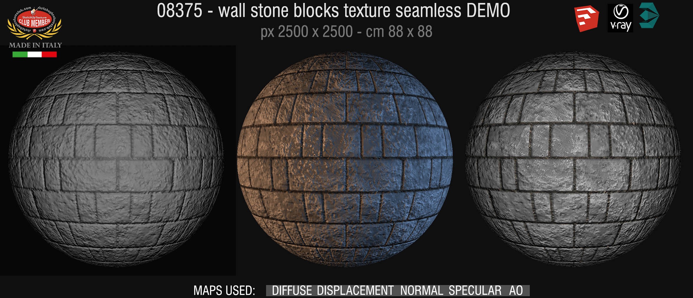08375 HR Wall stone with regular blocks texture + maps DEMO