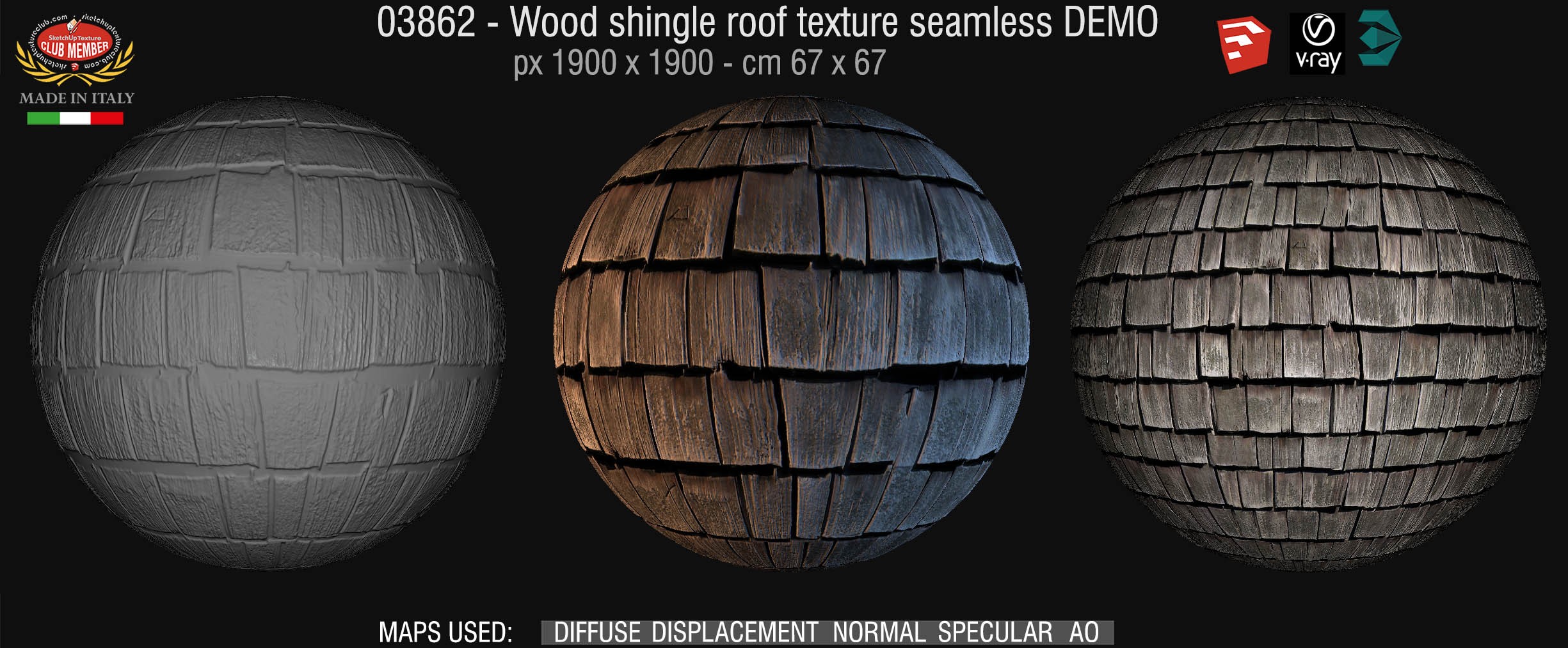 03862 Wood shingle roof texture seamless + maps DEMO