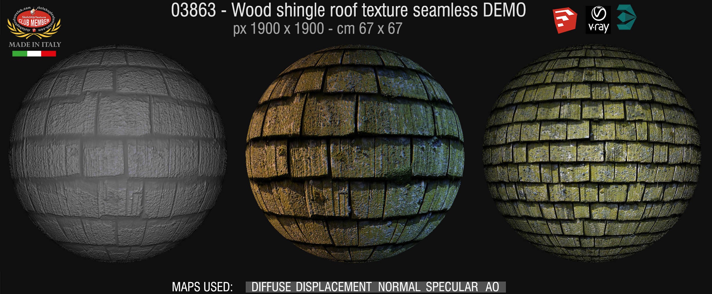 03863 Wood shingle roof texture seamless + maps DEMO