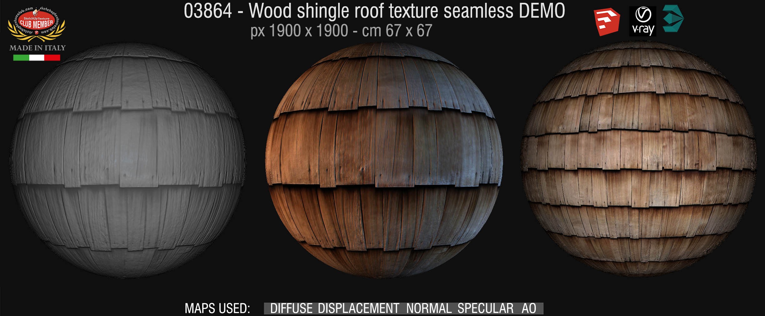 03864 Wood shingle roof texture seamless + maps DEMO