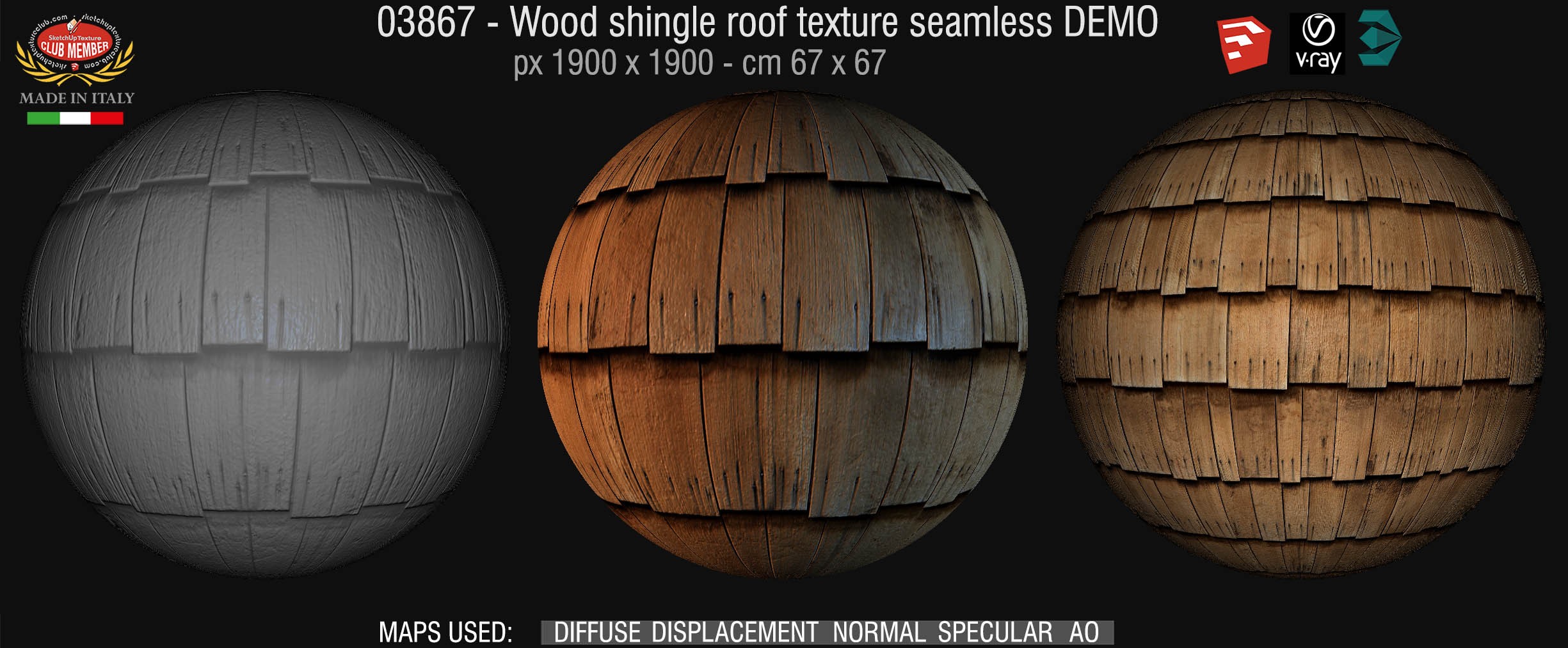 03867 Wood shingle roof texture seamless + maps DEMO