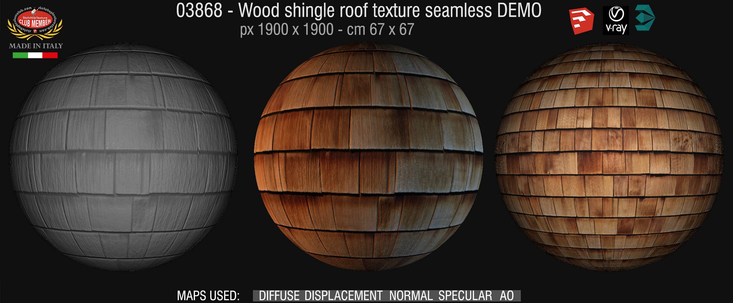 03868 Wood shingle roof texture seamless + maps DEMO