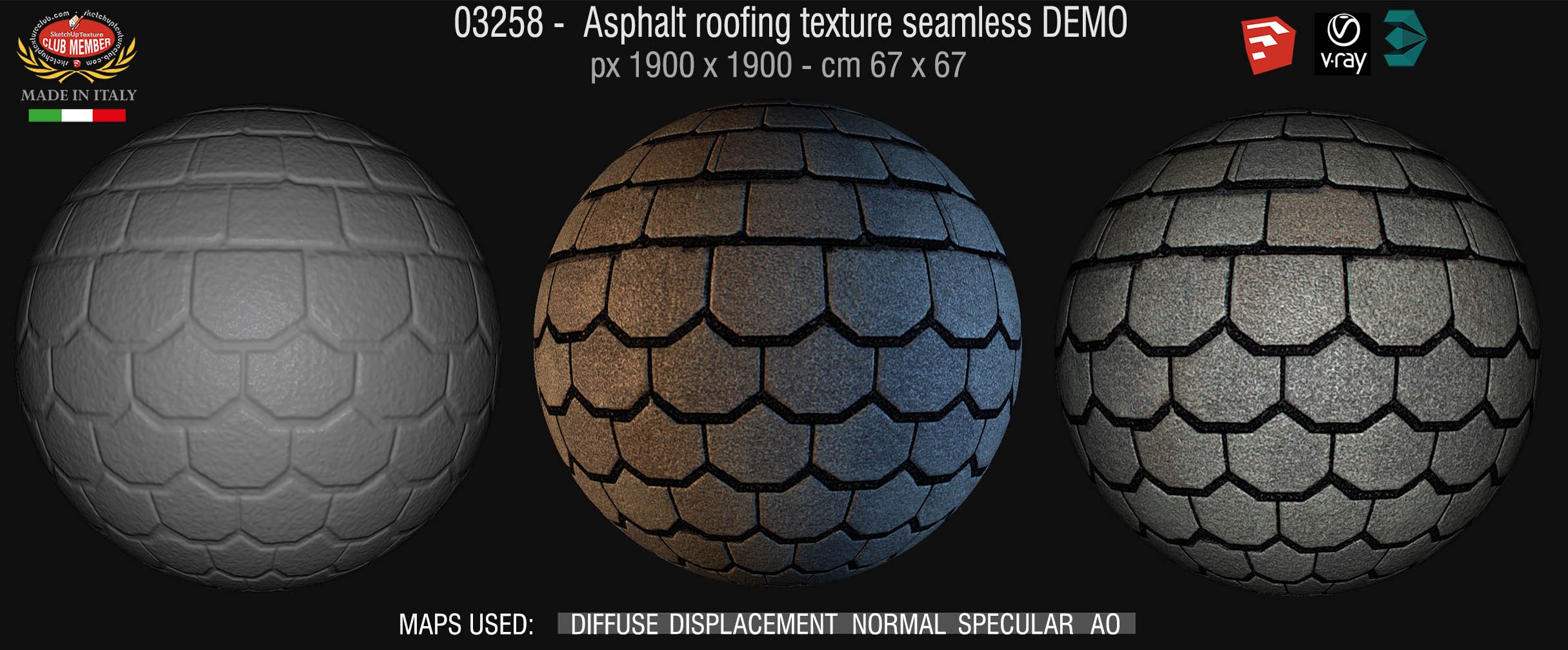 03258  Asphalt roofing texture seamless + maps DEMO