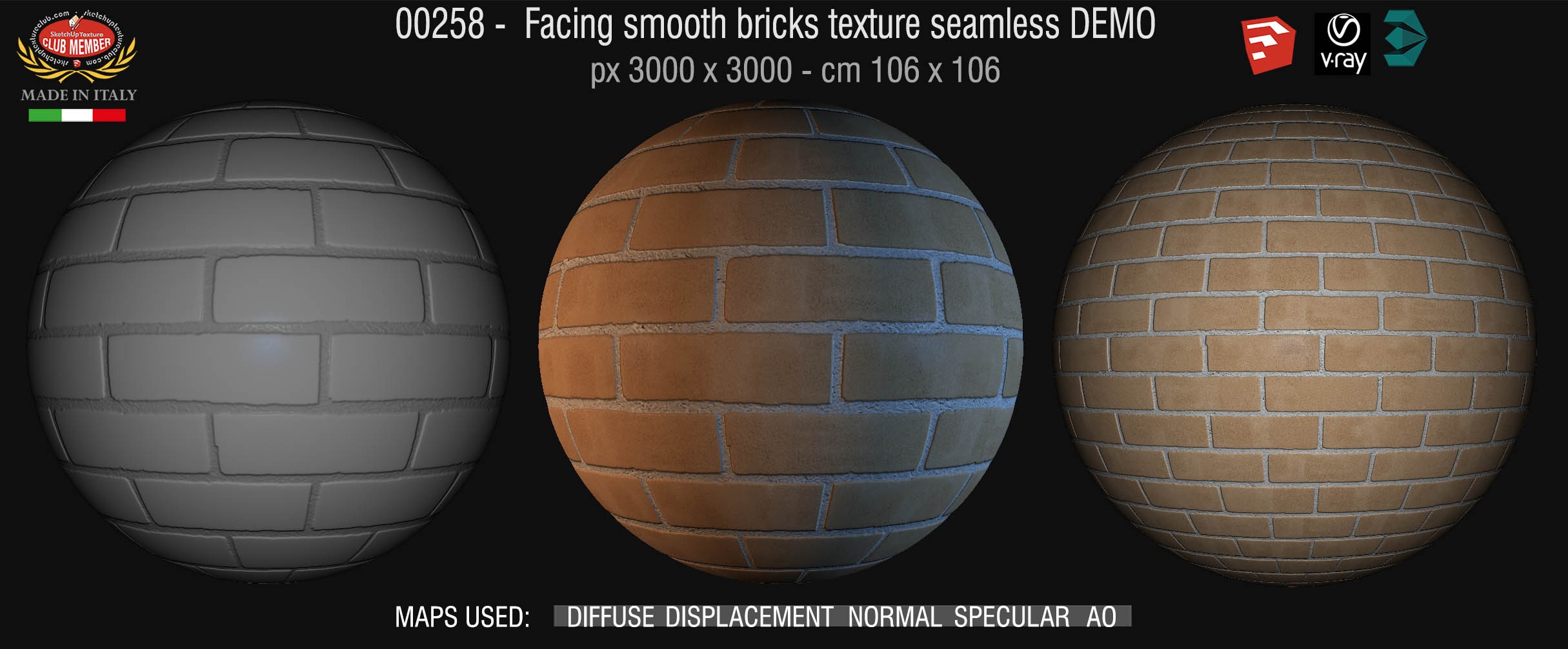 00258 Facing smooth bricks texture seamless + maps DEMO