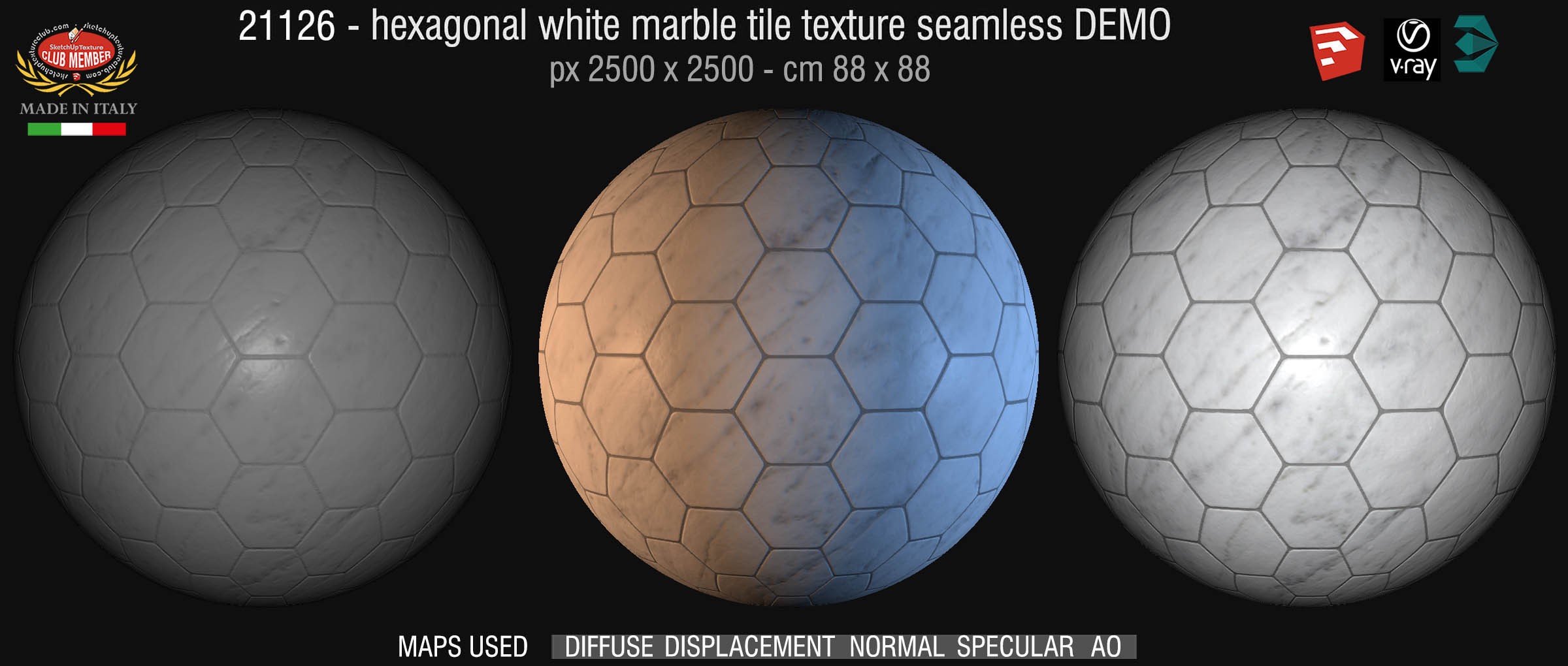 21126 Hexagonal white marble floor tile texture seamless + maps DEMO
