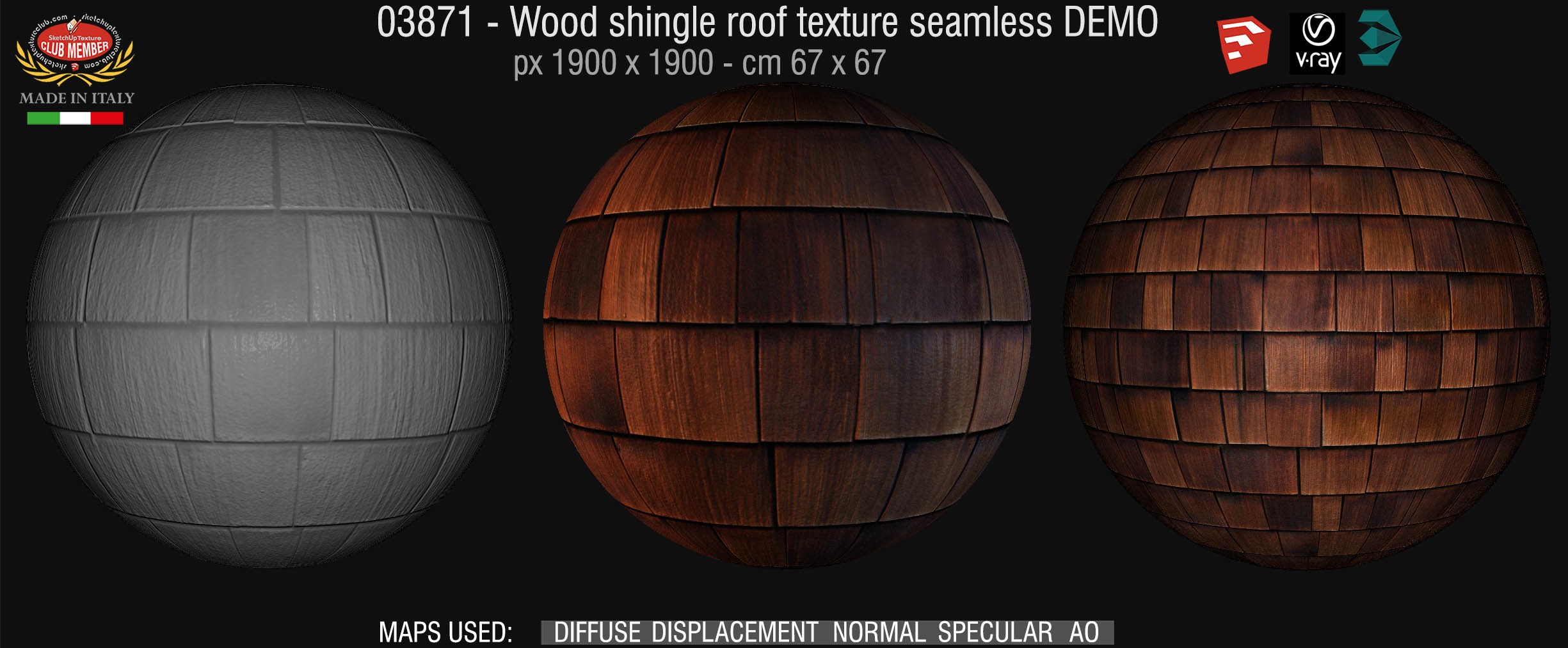 03871 Wood shingle roof texture seamless + maps DEMO