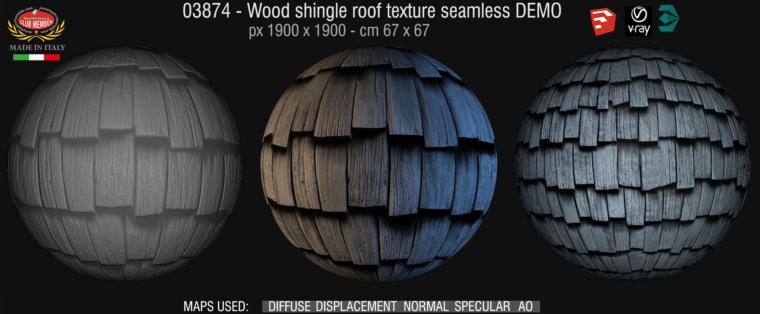 03874 Wood shingle roof texture seamless + maps DEMO