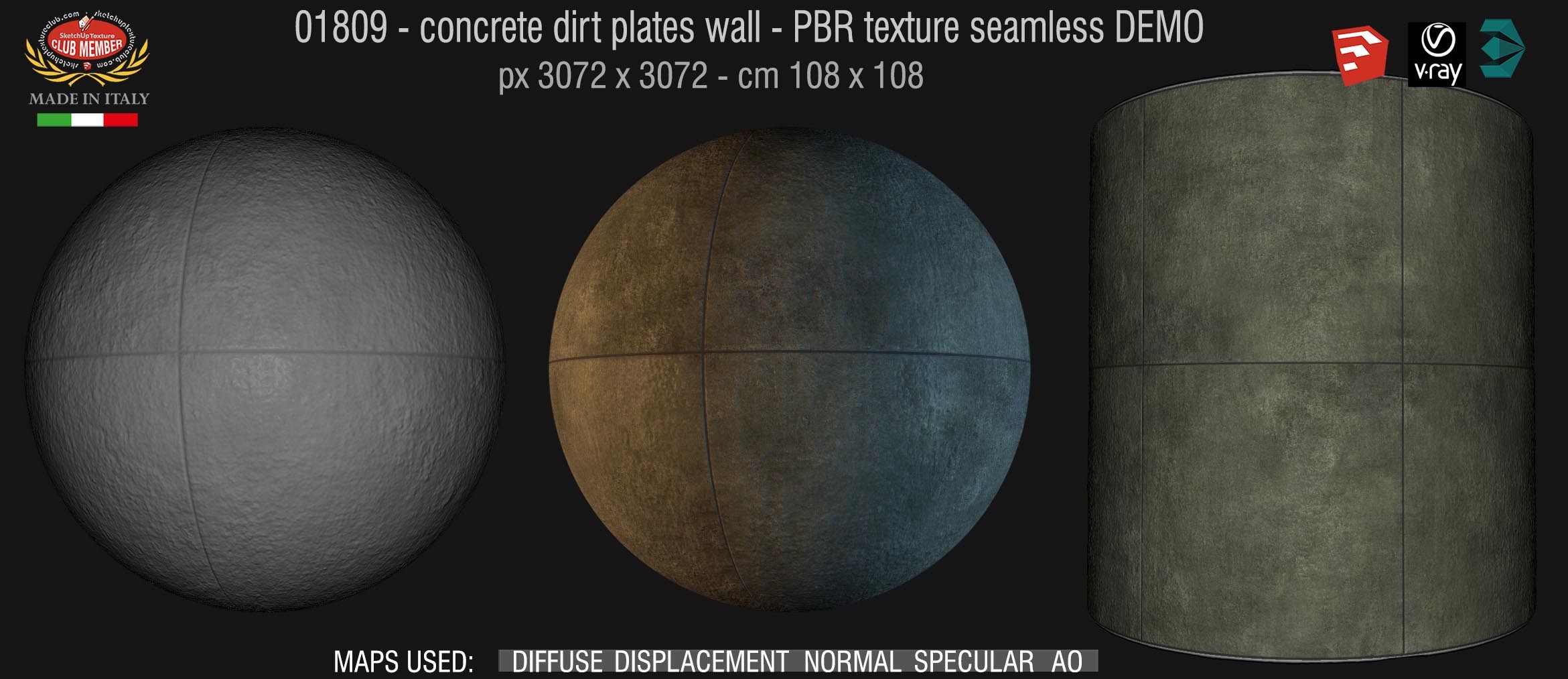 01809 Concrete dirt plates wall PBR texture seamless + maps DEMO