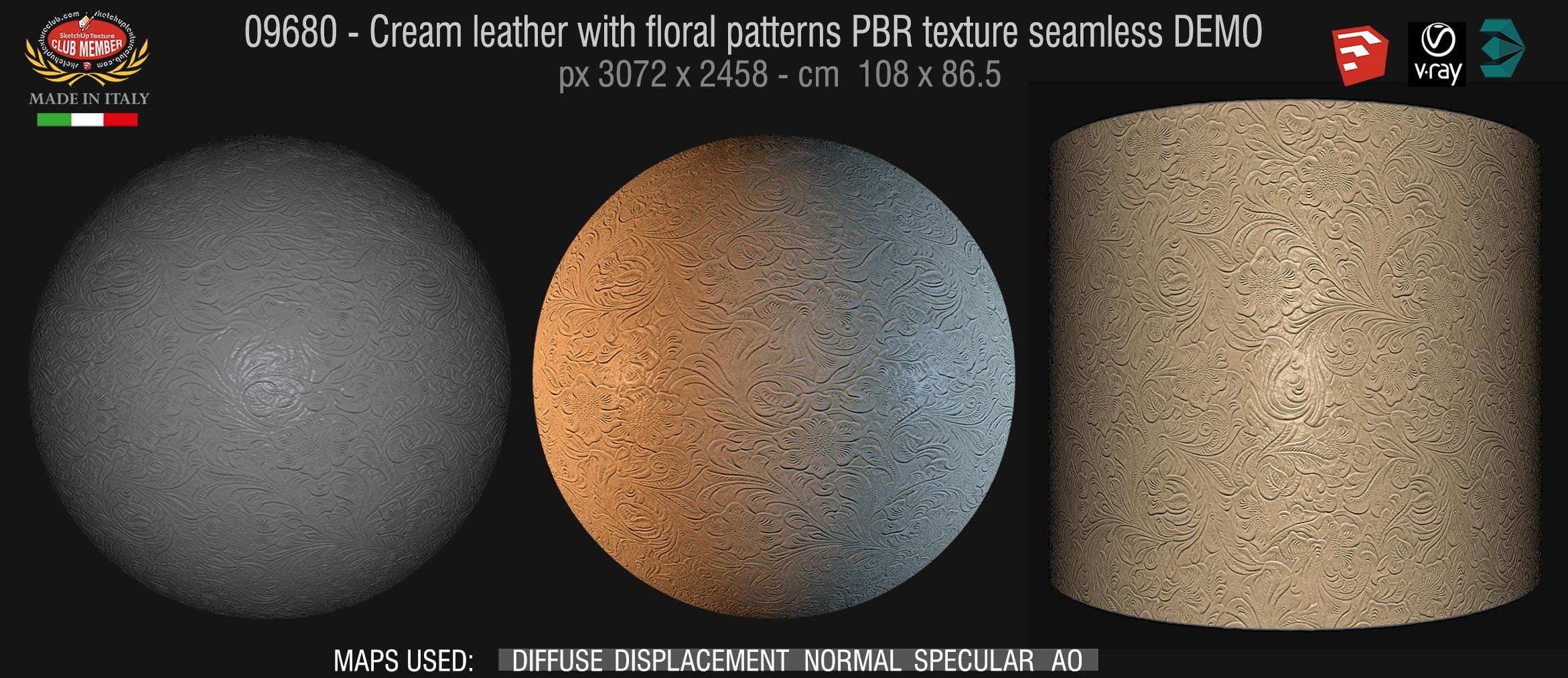 09680 Cream leather with floral patterns PBR texture seamless DEMO
