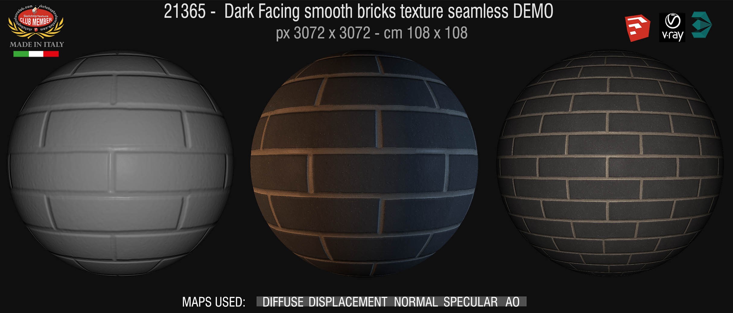 21365 Dark Facing smooth bricks texture seamless + maps DEMO