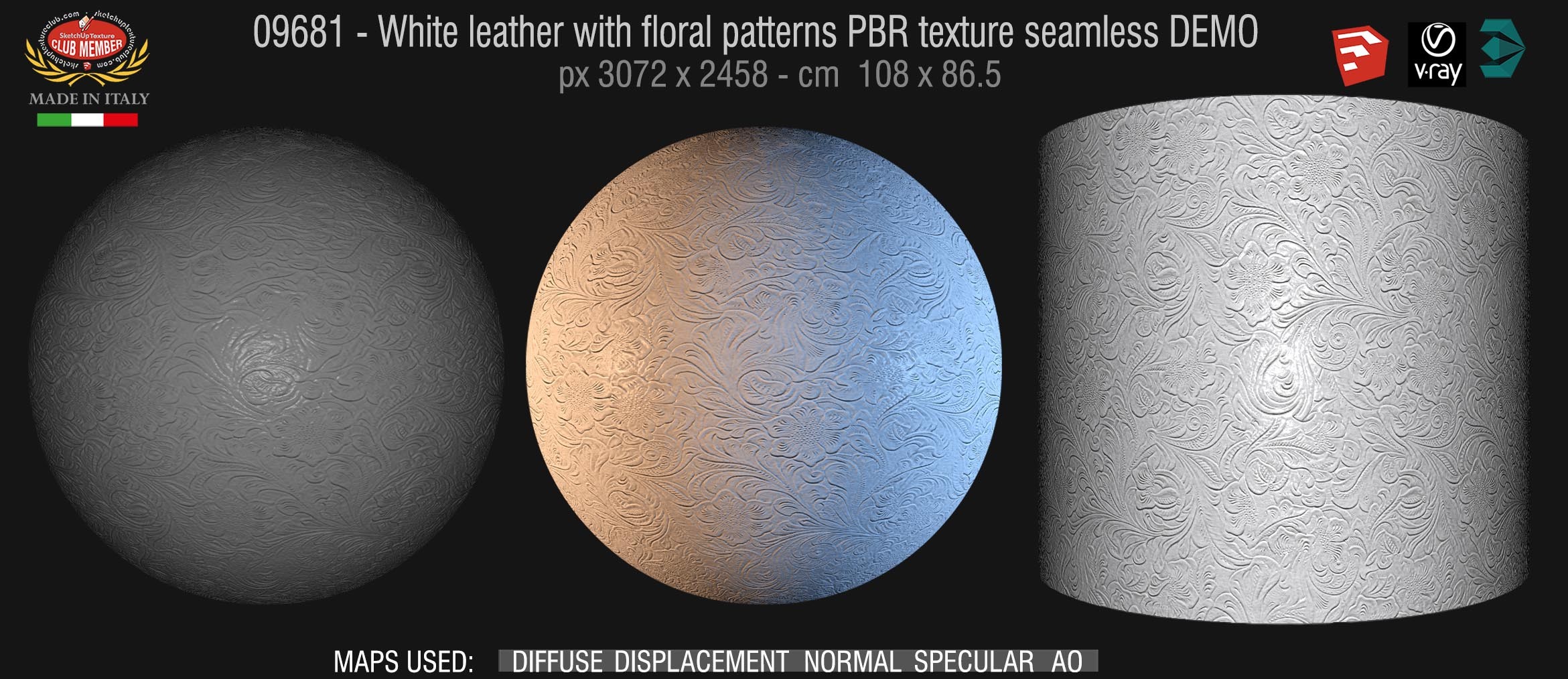 09681 White leather with floral patterns PBR texture seamless DEMO