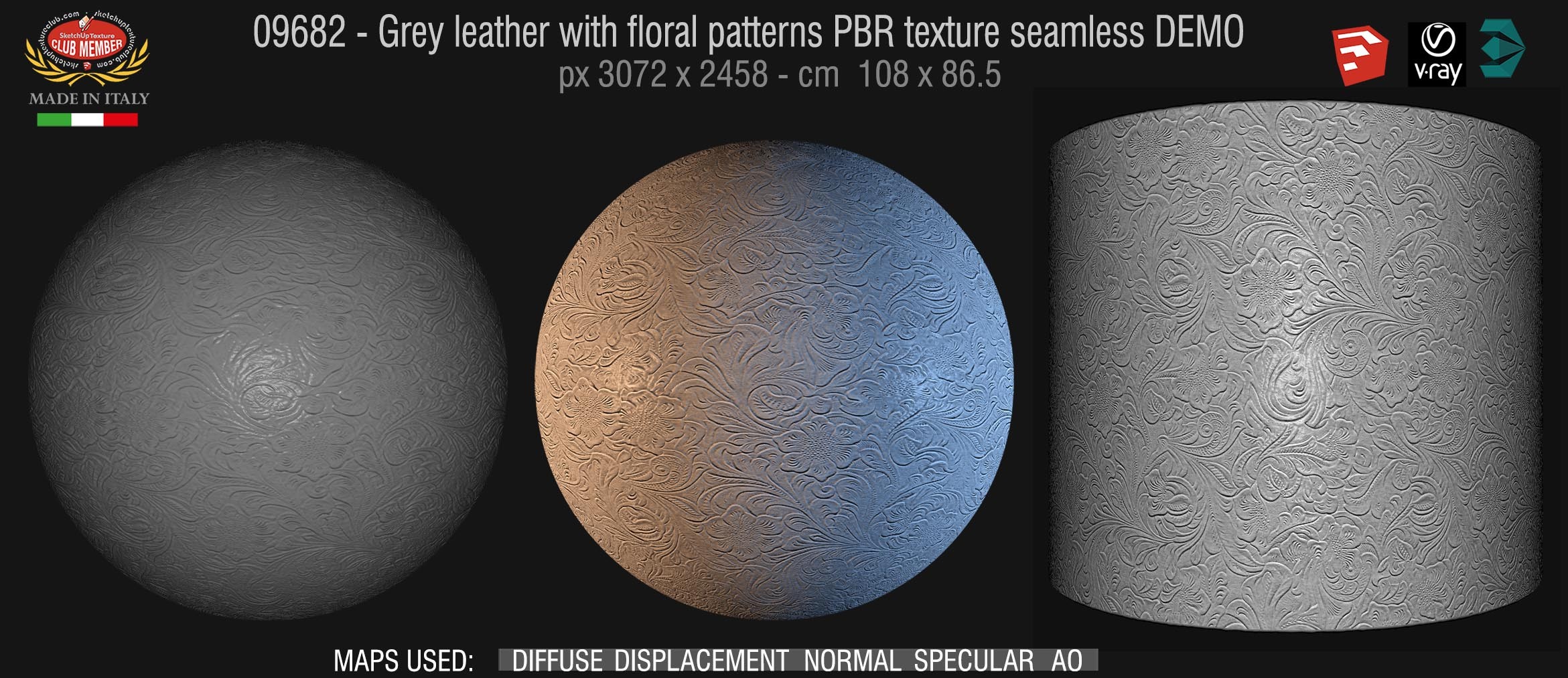 09682 Grey leather with floral patterns PBR texture seamless DEMO