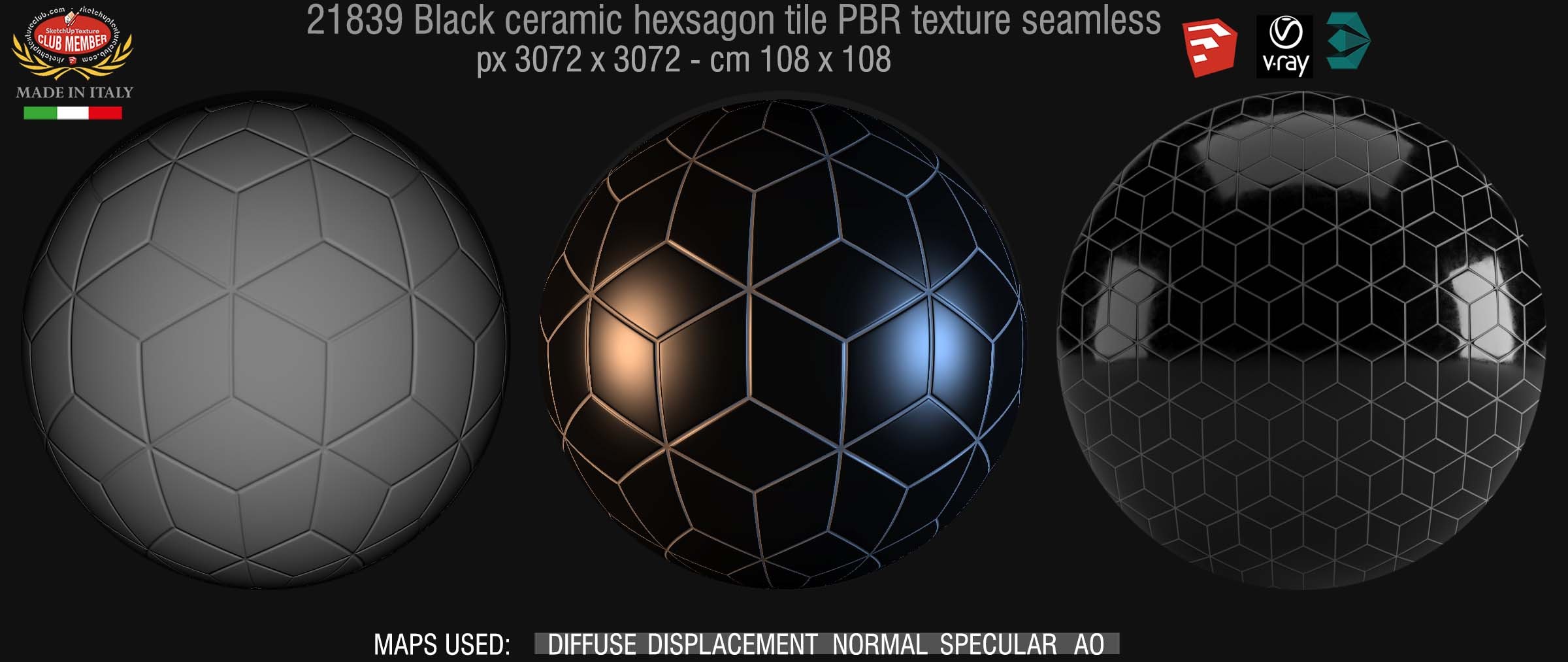 21839 Black ceramic hexagon tile PBR texture seamless DEMO