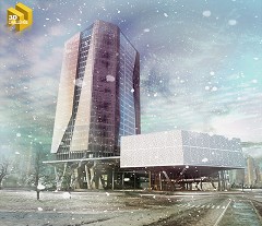 MODERN OFFICE BUILDING - CY HENG | View in Winter | SKETCH UP, ARTLANTIS STUDIO 3, PHOTOSHOP