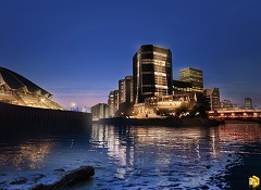 MODERN OFFICE BUILDING - Radoslaw Peszko | River Tower at dusk. | SketchUp 8 + Maxwell Render + Photoshop CC + Topaz Adjust 5